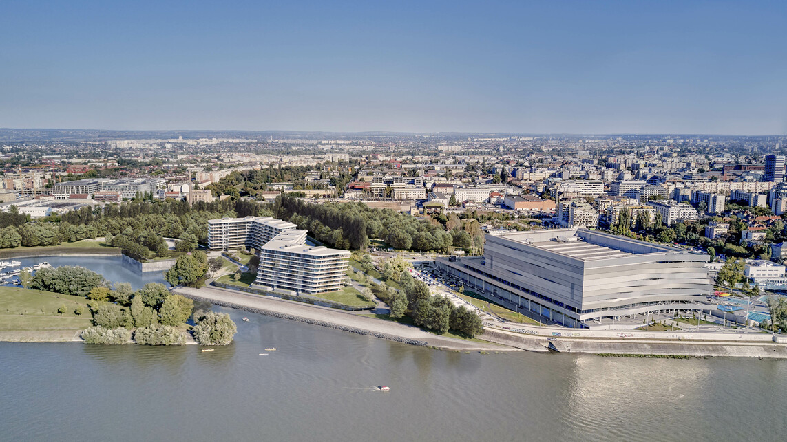 Látványterv a teljes épületről - T2.a Építésziroda: Danubio lakóépület. Forrás: T2a + Whitebox Visual
