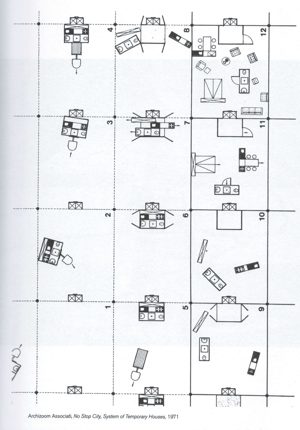 Archizoom Associati, No-Stop City, System of Temporary Houses, 1971 – forrás: Elisa C. Cattanado (ed.), Andrea Branzi, E=mc2: The Project in the Age of Creativity, Actar Publishers, 2020, p. 297.