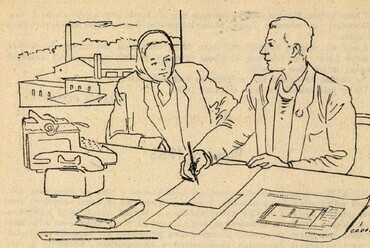 Gádor Emil grafikus képe az Új Dunántúl 1953/4. számában Galsai Pongrác „Szavak nagy tettekről” című cikkét ábrázolja. A képen szereplő nőben alighanem Czukor Annát fedezhetjük fel. Via ADT Arcanum
