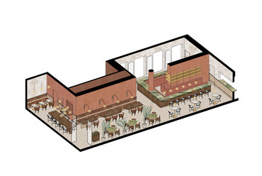 Étterem, axo – BIS Építész Iroda: a Verno House belsőépítészeti kialakítása.
