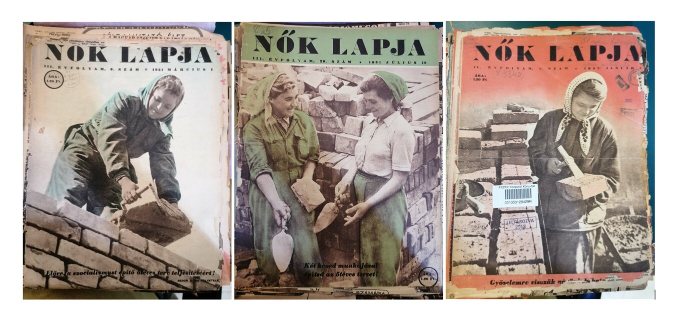 Boldog segédmunkáslányok a Nők Lapja címlapjain, az 1950-es évek első felében. A szerző fotója
