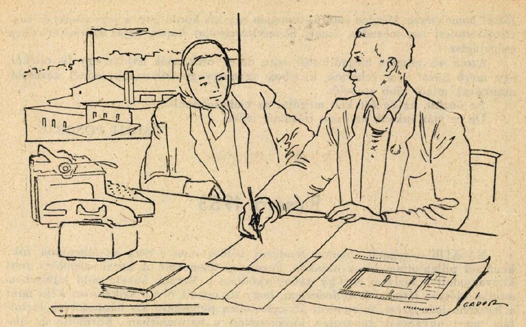 Gádor Emil grafikus képe az Új Dunántúl 1953/4. számában Galsai Pongrác „Szavak nagy tettekről” című cikkét ábrázolja. A képen szereplő nőben alighanem Czukor Annát fedezhetjük fel. Via ADT Arcanum

