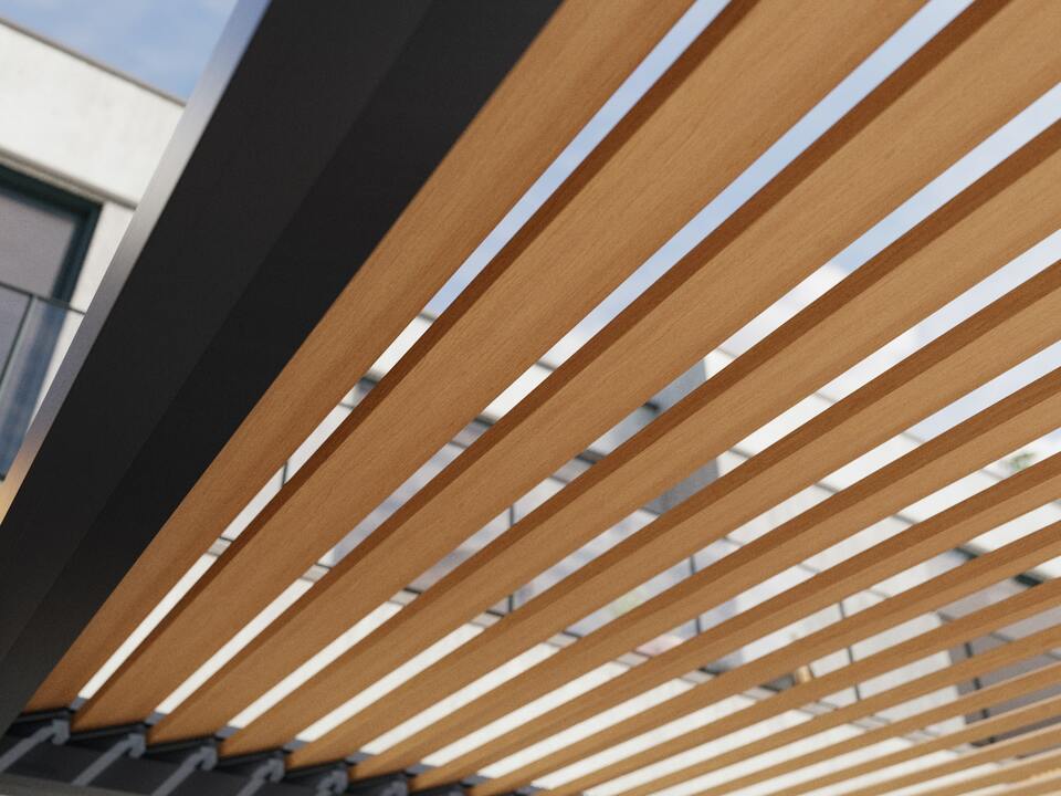 Új BRUSTOR természetes famegjelenésű B200 XL pergola lamellák és tolórendszerű oldalfal panelek – forrás: BRUSTOR Magyarország
