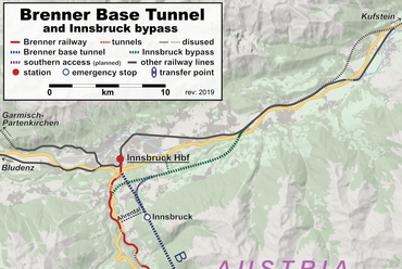 A Brenner bázisalagút tervezett vonala – forrás: WikiMedia Commons | Hbf878, OpenStreetMap contributors, Lencer

