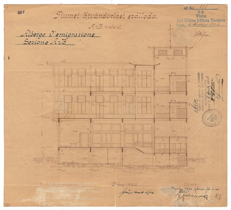 A fiumei Kivándorlók Szállodájának keresztmetszete (építész: Zielinski Szilárd), 1906. Fiumei Állami Levéltár
