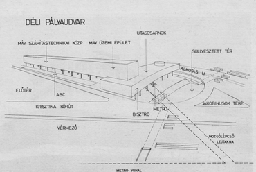 A közlekedési csomópont elrendezése. Forrás: (Kővári György) – A Déli pályaudvar átépítése. Magyar Építőipar, 1977/1. p 33.
