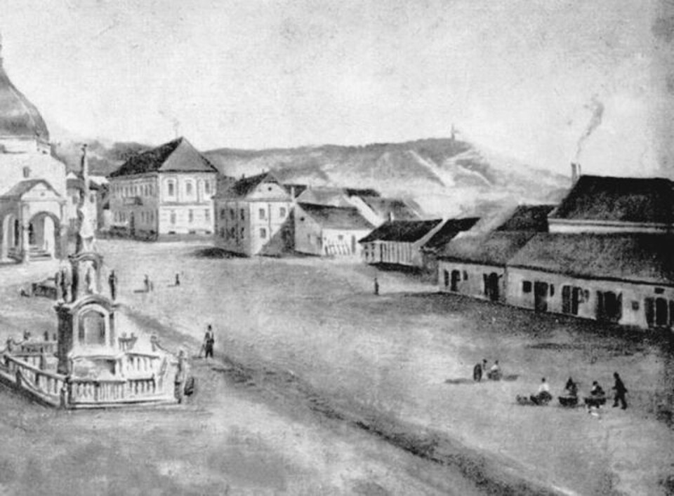 A pécsi Fő tér az 1700-as évek vége felé (a felső emeletes épület a Polgári Casino). Forrás: https://regipecs.blog.hu/
