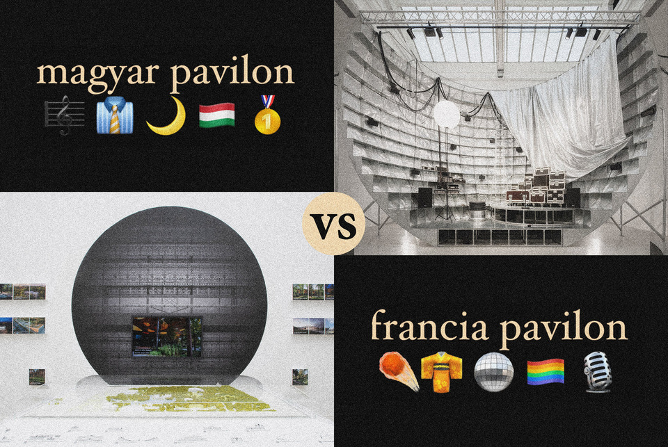 Borítókép. A magyar és a francia pavilon tudatalattijába alámerülve – gömb és körív harca. Grafika: Borenich Levente