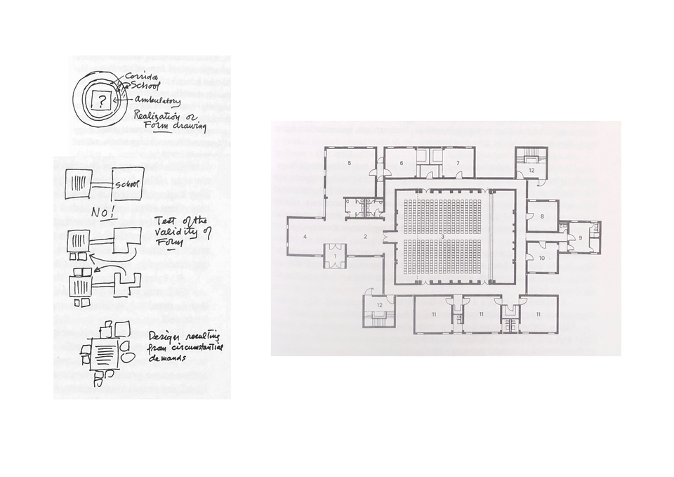 Loius I. Kahn: Unitárius templom, Rochester, New York (1959), Koncepció és terv. Forrás: A mérhető és a mérhetetlen - építészeti írások a huszadik századból, Szerk.: Kerékgyártó Béla (Typotex, 2000)