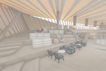 A tervezett könyvtár galériás terei, skicc látvány – Tartu Belvárosi Kulturális Központ és környezetének építészeti tervpályázata – tervező: DVM group, 4D Tájépítész Iroda – forrás: DVM group
