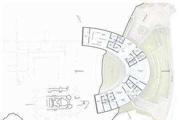 Földszinti alaprajz – A DAW Építész Stúdió terve a zsámbéki öregtemplom és környezetének megújítására
