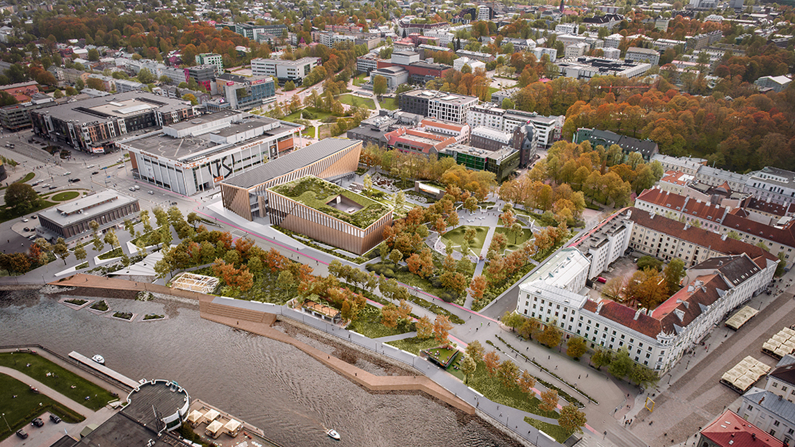Észtország, Tartu belvárosa, jobbra a város főtere, balra a Keskpark és a Emajogi folyó partja, a tervezési terület a tervezett beépítéssel – forrás: DVM group