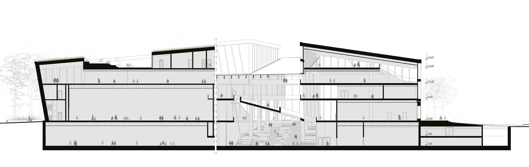 Metszet, az épület térbeli struktúrája – Tartu Belvárosi Kulturális Központ és környezetének építészeti tervpályázata – tervező: DVM group, 4D Tájépítész Iroda – forrás: DVM group