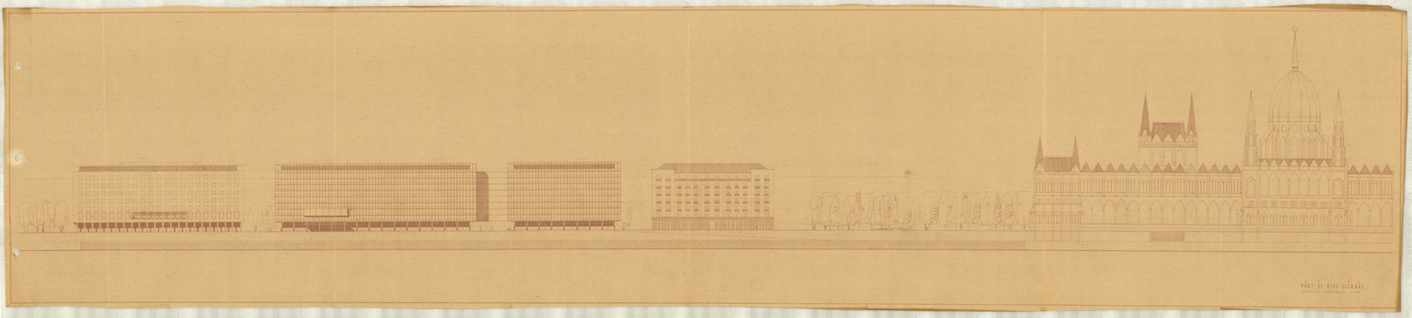 Dúl Dezső (ÁÉTV): Párt- és KISZ-székház, tanulmányterv, dunai nézet, 1960
