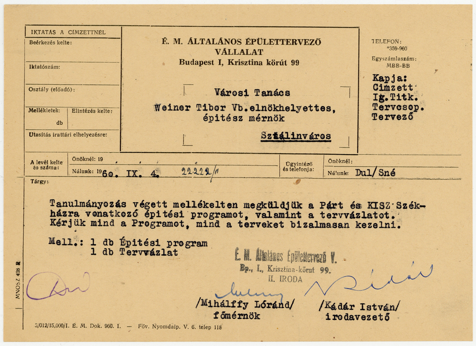 A Weiner Tibornak küldött anyag kísérőlevele, 1960. szeptember 4.
