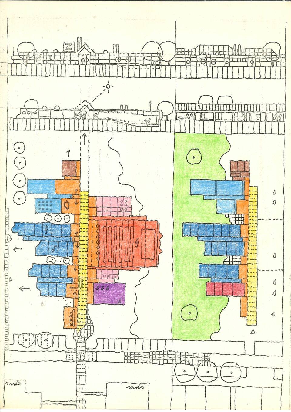Tomay Tamás színezett tervlapja, 1980-as évek. (részlet) Forrás: MÉM MDK, Tomay Tamás hagyatéka, Tomayné Busch Éva, Tomay Márton és Tomay Katalin ajándéka.