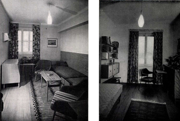 Balra: 514. sz. épület; négyférőhelyes lakás kisebbik szobája. Berendezés tervezői: Jámbor Györgyné, Peresztegi József; Jobbra: 524. sz. épület: háromférőhelyes lakás kisebbik szobája. Berendezés tervezője: Heczendorfer László (forrás: Magyar Építőművészet, 1961/10. évfolyam, 1-6. szám) 
