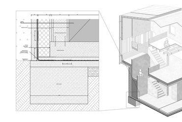 Axonometrikus metszet. Bútorműhely Erdőspusztán. Sánta Dániel terve. 2023.
