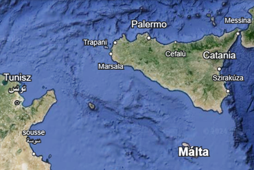 Térkép Szirakúza és Málta pozíciójáról, Fotó: Google Earth képernyőfotó
