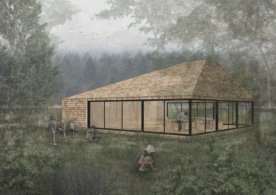 Közösségi épület külső látványterve. DEMO Gyermekfoglalkoztató Alkotótábor terve. 2023-24. Fleischer Balázs.