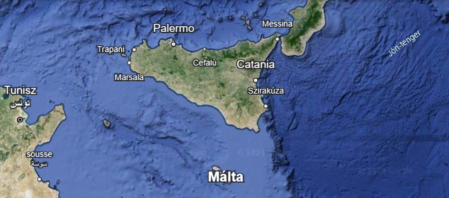 Térkép Szirakúza és Málta pozíciójáról, Fotó: Google Earth képernyőfotó
