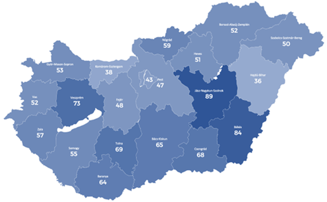 Szakemberhiány vármegyénként 2024. február. A szakember megkeresésétől a munka megkezdéséig lévő napok száma. Forrás: Mapei
