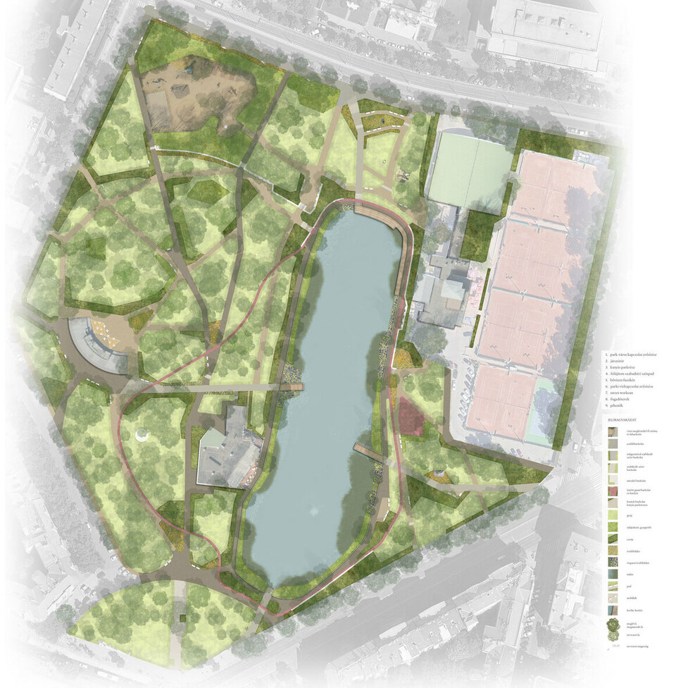 A Feneketlen-tavi közpark felújításának koncepcióterve - II. változat. S73 Tájépítész Tervező Iroda Kft. Forrás: Budapest Radó Dezső Terv
