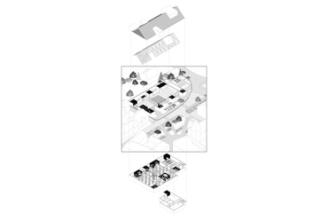 Axonometria. SPACES AND SOLIDS. A MÁS Építészek megvételt nyert terve a Šenčur Művelődési ház pályázatán, 2024.
