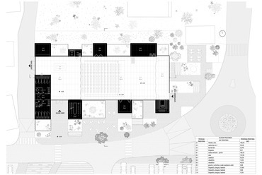 Alaprajz, fölszint. SPACES AND SOLIDS. A MÁS Építészek megvételt nyert terve a Šenčur Művelődési ház pályázatán, 2024.
