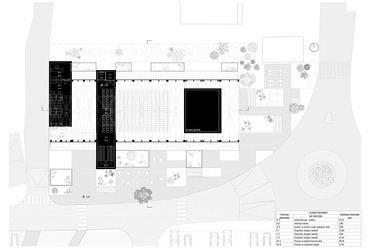Alaprajz, emelet. SPACES AND SOLIDS. A MÁS Építészek megvételt nyert terve a Šenčur Művelődési ház pályázatán, 2024.
