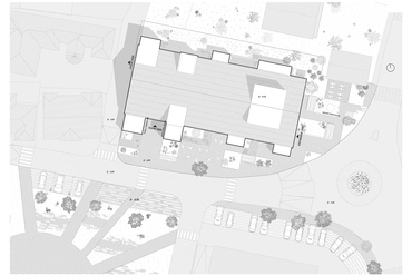 Helyszínrajz. SPACES AND SOLIDS. A MÁS Építészek megvételt nyert terve a Šenčur Művelődési ház pályázatán, 2024.
