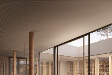 Látványterv. SPACES AND SOLIDS. A MÁS Építészek megvételt nyert terve a Šenčur Művelődési ház pályázatán, 2024.
