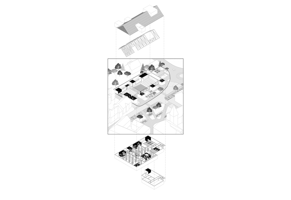 Axonometria. SPACES AND SOLIDS. A MÁS Építészek megvételt nyert terve a Šenčur Művelődési ház pályázatán, 2024.