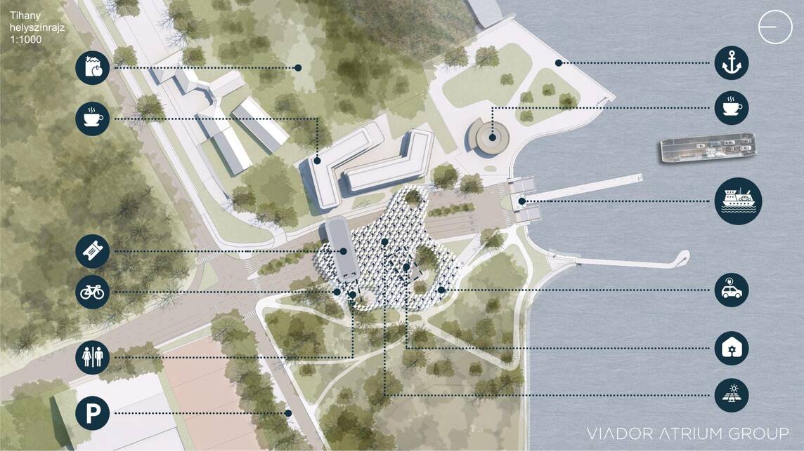 Tihany, helyszínrajz. A Tihany és Szántód közötti kompútvonal megújulásának terve. Viador Átrium Group. 2023.