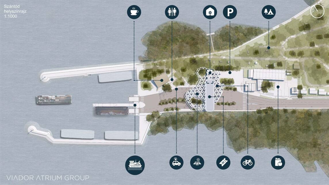 Szántód, helyszínrajz. A Tihany és Szántód közötti kompútvonal megújulásának terve. Viador Átrium Group. 2023.