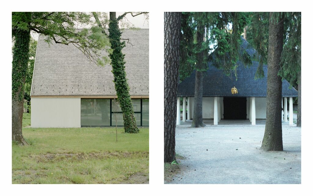 Balra: Szentháromság-templom, Derekegyház. Tervező: Váncza Művek. Fotó: Danyi Balázs | Jobbra: Skogskyrkogården ravatalozó, Stockholm. Tervező: Gunnar Asplund. Fotó: Nedeczky Zsolt