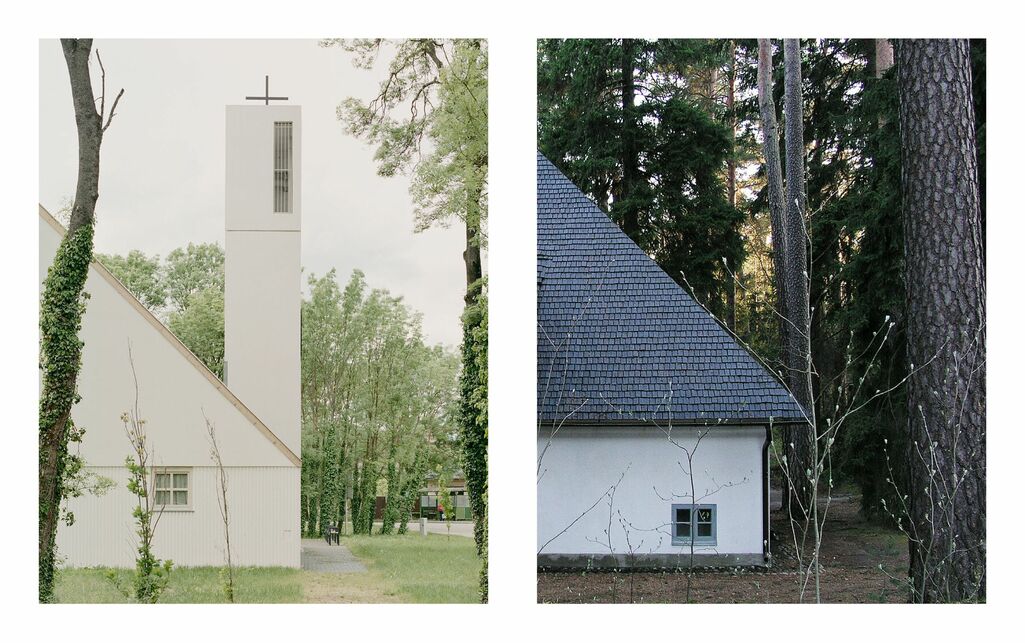 Balra: Szentháromság-templom, Derekegyház. Tervező: Váncza Művek. Fotó: Danyi Balázs | Jobbra: Skogskyrkogården ravatalozó, Stockholm. Tervező: Gunnar Asplund. Fotó: Xauxa Håkan Svensson
