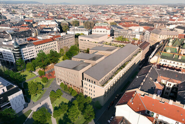 A Károli Gáspár Református Egyetem új épületegyüttese, a KÖZTI megvétel nyert terve. Látványterv: The Greypixel

