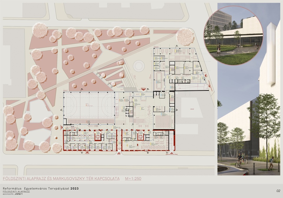 Földszinti alaprajz. A Károli Gáspár Református Egyetem új épületegyüttese – A DPi Design megvételt nyert terve. 2024.