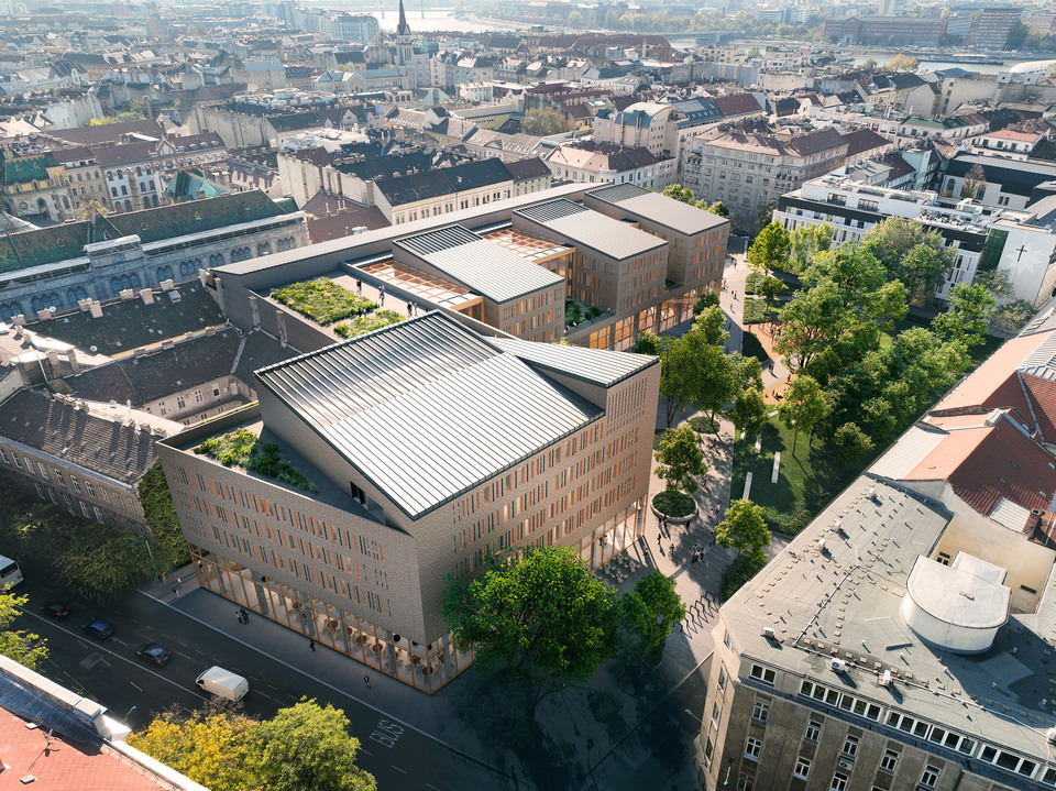 A Károli Gáspár Református Egyetem új épületegyüttese, a KÖZTI megvétel nyert terve. Látványterv: The Greypixel
