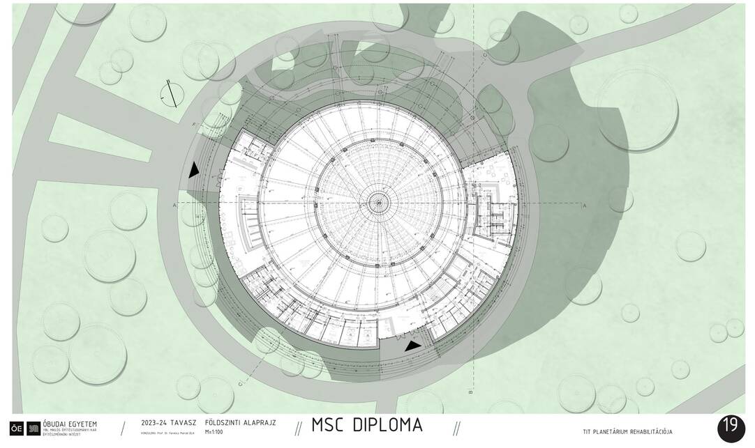 Földszint alaprajza. A népligeti Planetárium rehabilitációja. Nagy István János diplomaterve. 2024.