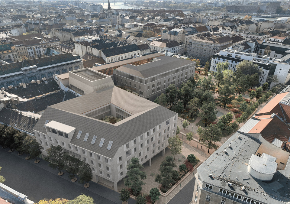 A Károli Gáspár Református Egyetem épületegyüttesére kiírt nyílt tervpályázat I. helyezett pályaműve. Tervező: Archikon Architects