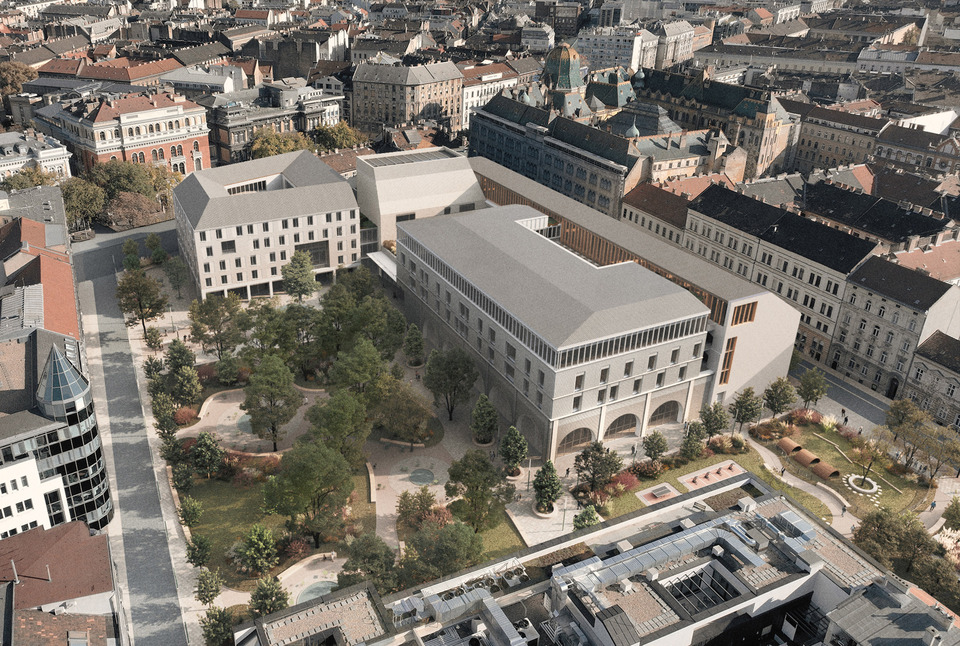 A Károli Gáspár Református Egyetem épületegyüttesére kiírt nyílt tervpályázat I. helyezett pályaműve. Tervező: Archikon Architects