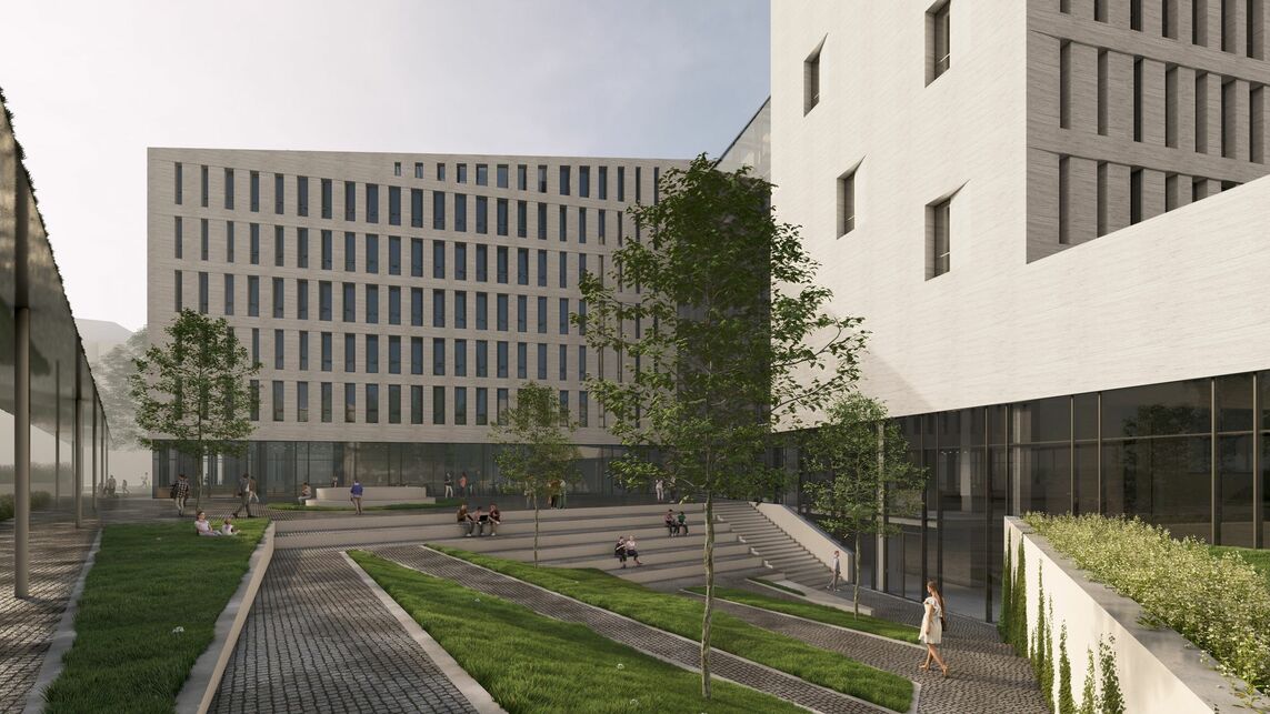 Látványterv. A Károli Gáspár Református Egyetem új épületegyüttese – A DPi Design megvételt nyert terve. 2024.