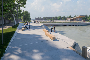 Siófoki nagyműtárgyak rekonstrukciója, üzemviteli épület és új köztér létesítése. Masterplan és építészeti tervezés: Térhálózat. Látványtervek: Homologue, Ölbey Zoltán
