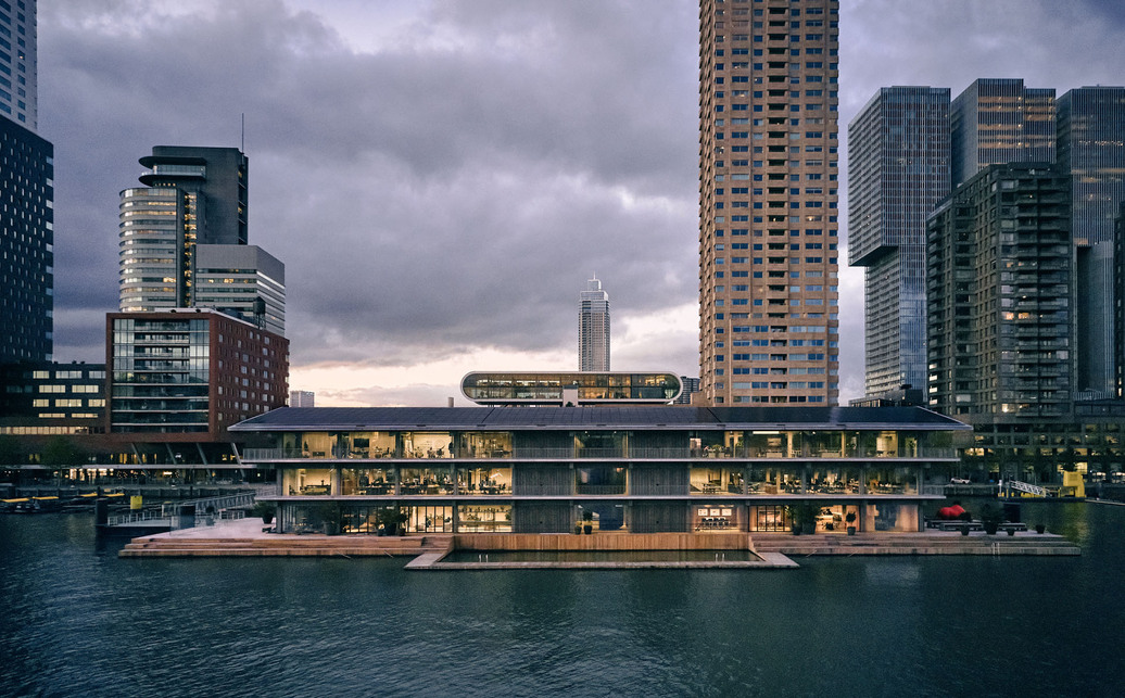 Úszó irodaépület, Rotterdam, Hollandia. A karbonlábnyom-csökkentést figyelembe véve tervezte a Powerhouse Company. Forrás: Dezeen