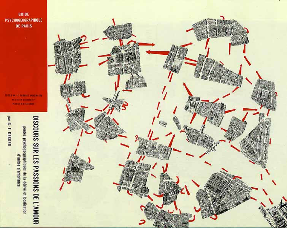 Guy Debord (1957): Guide psychogéographique de Paris. Discours sur les passions de l'amour . Forrás: https://imaginarymuseum.org/LPG/Mapsitu1.htm