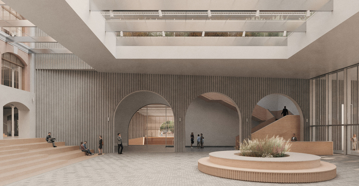 A Károli Gáspár Református Egyetem épületegyüttesére kiírt nyílt tervpályázat I. helyezett pályaműve. Tervező: Archikon Architects