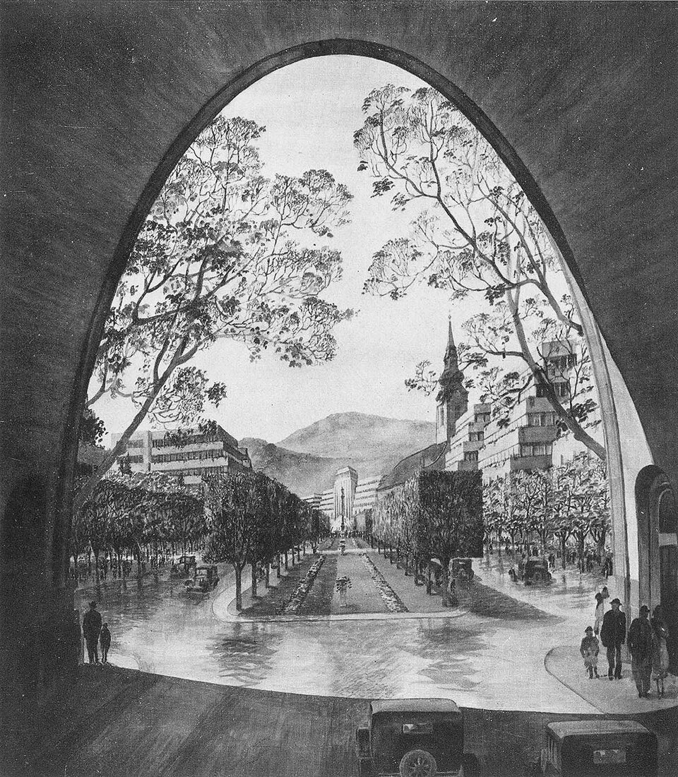 A Déli pályaudvar, Vágó József elképzelései szerint (Forrás: Vágó József: Budapest művészi újjáépítése, 1936)