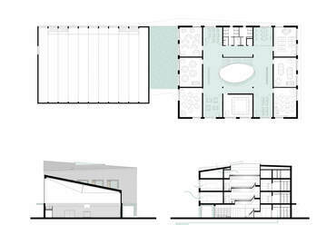 Első emelet, 1:100. A Studio Konstella kiemelt megvételt nyert terve a nagykátai Váci Mihály általános iskola pályázatán.
